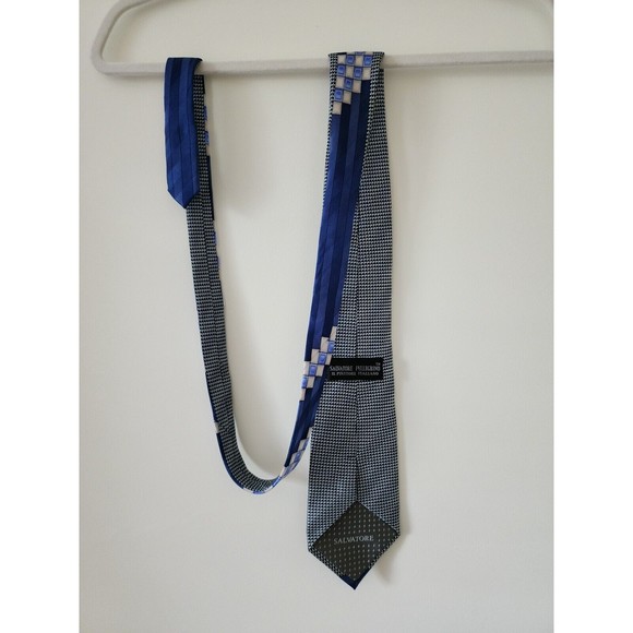 Salvatore Pellegrino Italy Mens Handmade Silk Tie Blue Gray Geometric Pattern - Picture 4 of 5